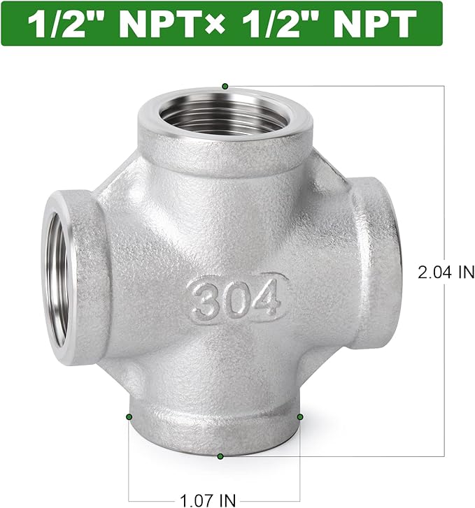 TAISHER 5PCS Stainless Steel 4 Way Pipe Fittings, 1/2" x 1/2" x 1/2" x 1/2" NPT Female Pipe Fittings