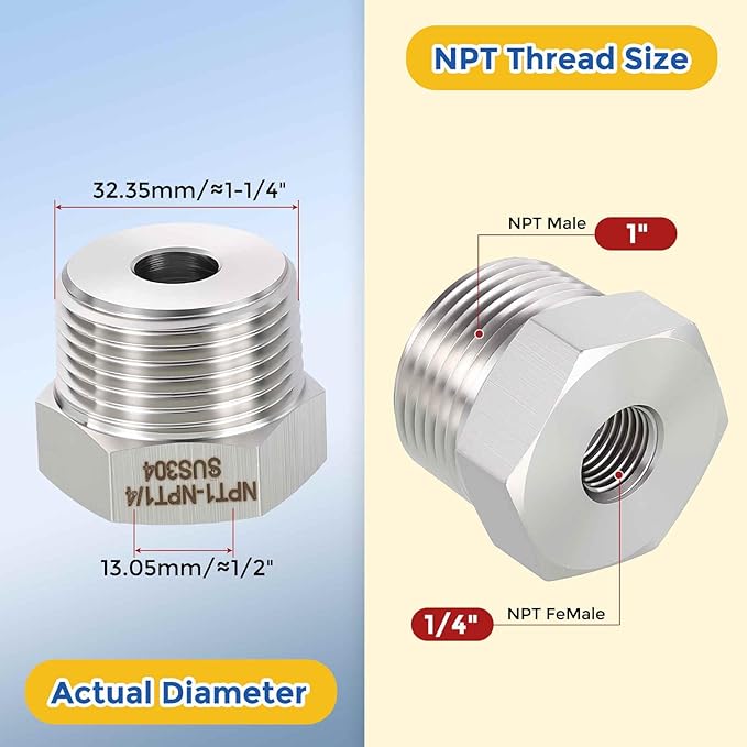 2 Pack 304 Stainless Steel Pipe Fittings, 1" MNPT to 1/4" FNPT Hex Bushing Reducer, Hose Tube Threaded Adapters for Air, Oil, LP, Gas