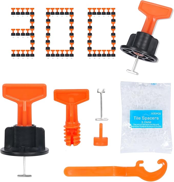 Reusable 1/16" Tile Leveling System Kit (300pcs) w/ 1500 1/8" Cross Spacers + 6 Wrenches & 40 Steel Pins - Professional Floor Installation Tools (300, 1/8)