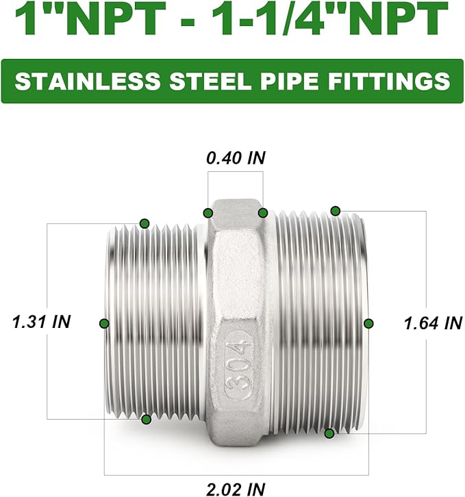 TAISHER 2PCS Cast 304 Stainless Steel Hex Nipple, Reducer Pipe Fitting 1-1/4" NPT Male x 1" NPT Male