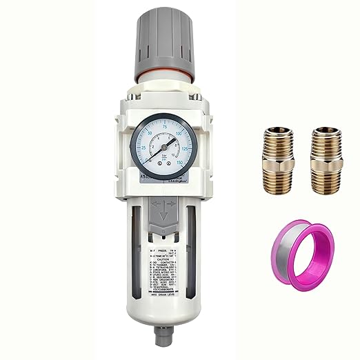 XingNEeng 3/4" NPT Compressed Air Filter Regulator Lubricator Combo, Water/Oil Trap Separator, Gauge(0-150 psi), Semi-Auto Drain, Poly Bowl, 5 Micron Brass Element, Bracket, for Pneumatic Systems