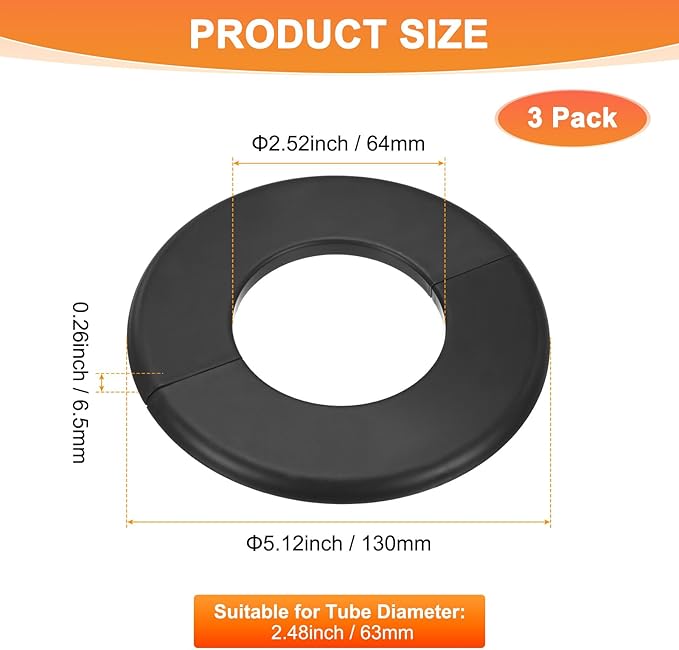 3-Pack Wall Split Flange, ABS Round Self-Adhesive Escutcheon Plate Cover Buckle for 63mm/2.48 in Dia Pipe Accessories/Floor/Ceiling, Plumbing Cover Plates [Black,6.5mm/0.26in H]
