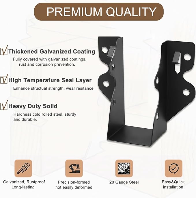 20 PCS 2x4 Joist Hanger,Black Powder-Coated,18 Gauge Galvanizing Face Mount,for Rafter Hurricane Ties Joist Hangers, Tie Brackets for Floor Deck and Ceiling Trusses (2"x 4", 20PCS)