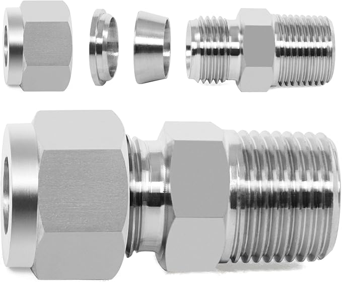 ChillWaves 304 Stainless Steel Compression Tube Fitting, 3/8" OD x 1/2" NPT Male Compression Union Connector(2-PACK)