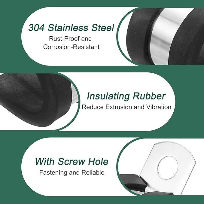 uxcell 1/2"(14mm) Cable Clamp, 304 Stainless Steel Rubber Cushioned Insulated Clamp R Shape Metal Clamp Tube Holder for Pipe Hose Wire Cord Installation 10Pcs