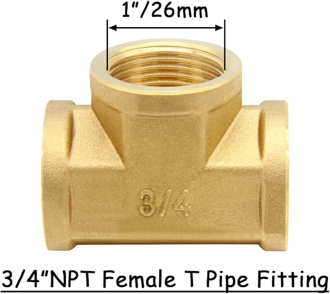 2PCS Brass Tee Pipe Fitting 3/4" NPT Female x 3/4" NPT Female x 3/4" NPT Female for Water/Oil/Gas