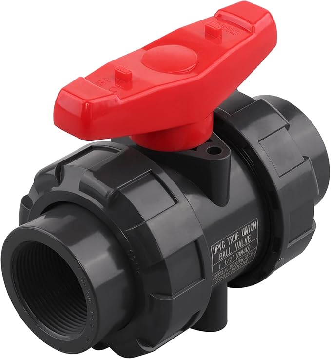 DERNORD PVC True Union Ball Valve NPT Threaded with Full Port, EPDM O-Rings, and Reversible PTFE Seats, Rated at 200 PSI (1.5 Inch NPT Threaded)