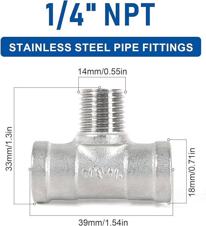 Kodilin Pipe Fittings 304 Stainless Steel Tee Pipe Fittings, 1/4" NPT Female x 1/4" NPT Male x 1/4" NPT Female Pipe Fittings, Male Branch Tee - 4PCS