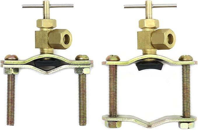 QWORK Self-Tapping Saddle Valve, Pack of 2, Copper Needle Valve with 1/4" Compression Outlet, Fit 3/8" to 1-1/4" OD Tube