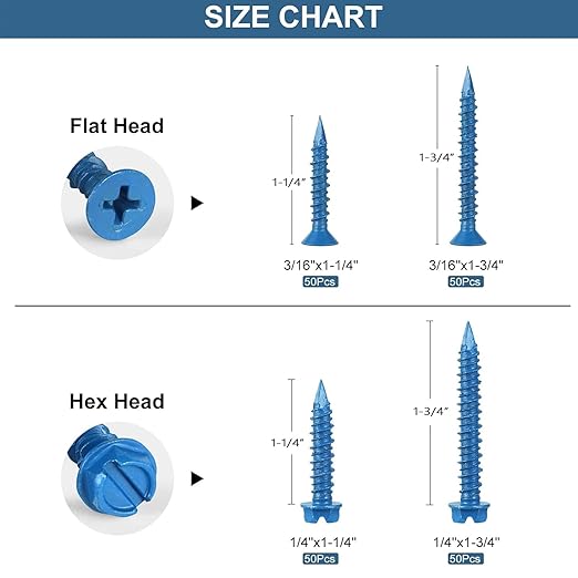 Concrete Screws with Drill Bit, 200Pcs Concrete Screw 1/4 3/16 Assortment Kit, Flat & Hex Head Masonry Block Brick Cement Screws and Anchors, No Pre Drilling, Diamond Point