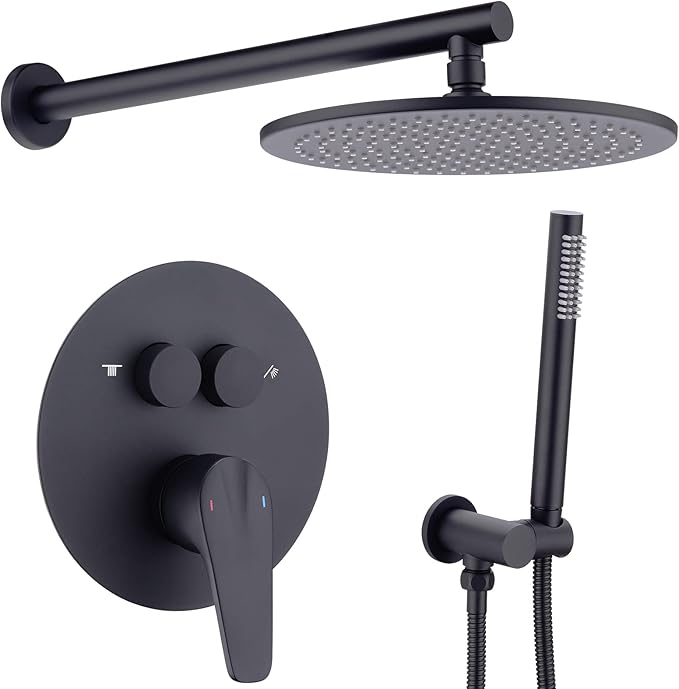 TRUSTMI 10 Inch Matte Black Shower System Push Button Diverter Wall Mounted Round Rainfall and Handheld Shower Trim Kit with Valve (Pressure Balance)