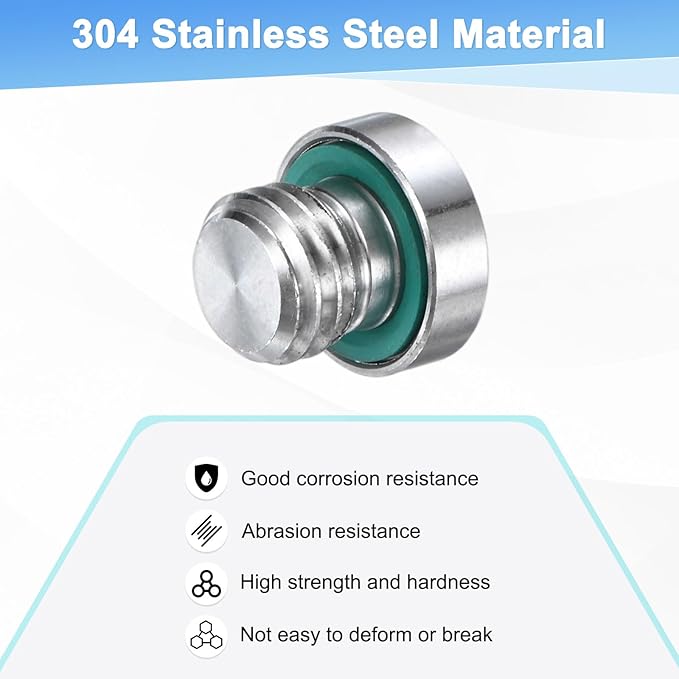 2-Pack Inner Hex Head Pipe Fitting Plug, M10x1.5mm 304 Stainless Steel Socket Bung Plug with Fluorine Sealing Ring for Terminate Pipe Ends/Replacement Drains