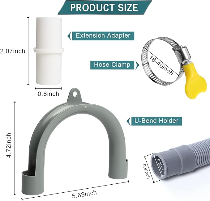 23FT Washing Machine Drain Hose, Universal Dishwasher Hose Extension Kit with 1 U-Bend Holder, 1 Extension Adapter and 4 Hose Clamps