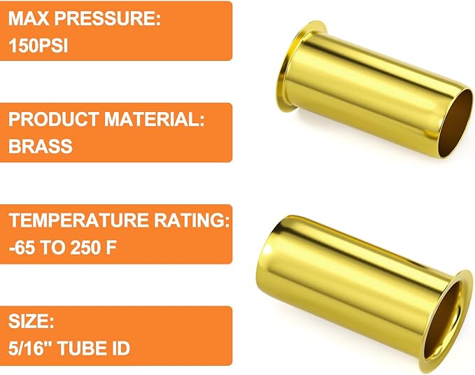 GASHER 100PCS Brass Compression Fitting, Brass Compression Insert Tube Support 5/16" Tube OD