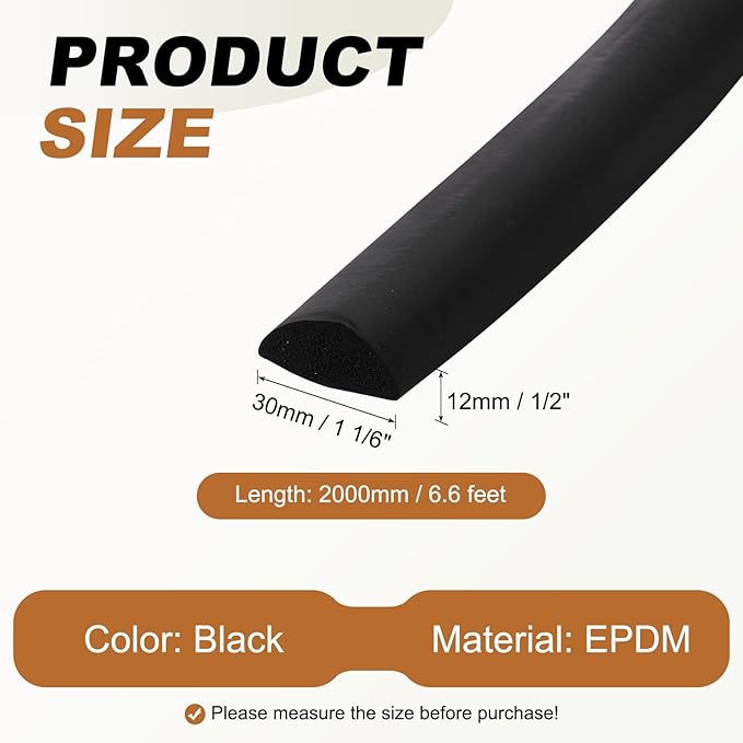 PATIKIL 6.6FT Solid Rubber Weather Stripping, 1 1/6" W x 1/2" H Self Adhesive D Shape EPDM Rubber Seal Strip Gasket for Door Frame Window Insulation RVs Furniture Cabinets, Black