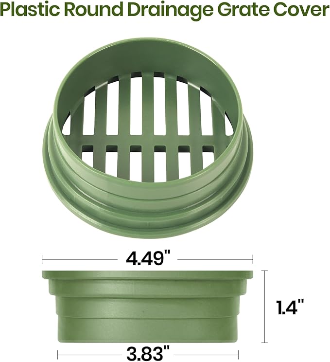 (2-Pack) Calvana 4” Plastic Round Drainage Grate Cover, Fits 4” Pipes, Prevents Debris, Ideal for Lawns, Patios, and Walkways, Durable UV-Resistant Plastic, Easy Installation, Green