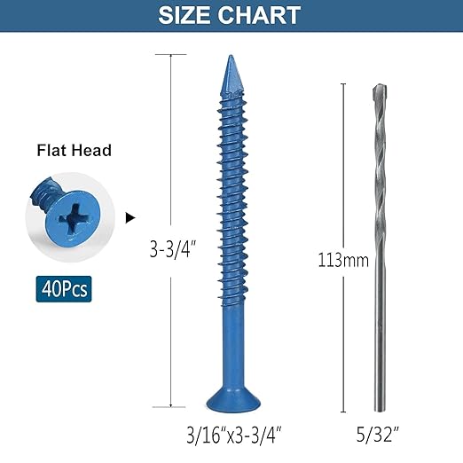 3/16 x 3-3/4 Inch 40Pcs Flat Head Concrete Screws, Screws Anchor with Drill Bit,for Masonry, Block, Brick, Cement, Stacoo, No Pre Drilling, Diamond Point
