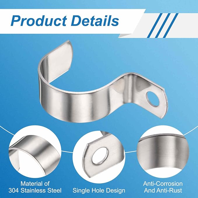 HARFINGTON 7/8 Inch Pipe Strap, 304 Stainless Steel Conduit Clip 10Pcs Single Hole Strap Clamp for Pipe Tube Cable Fixing (22mm, Silver)