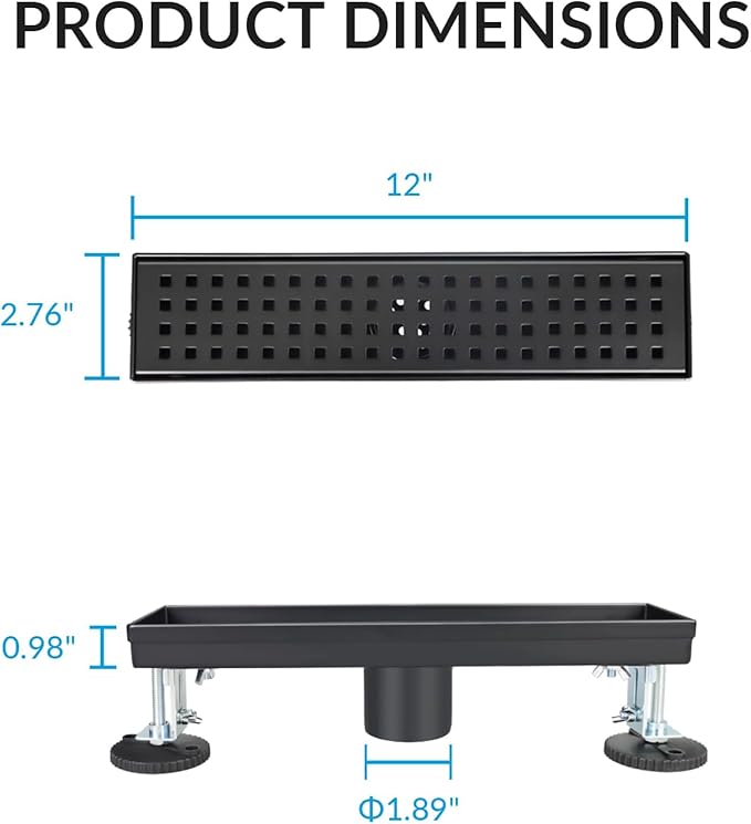 12 Inch Removable Cover Linear Shower Drain 304 Stainless Steel Rectangular Floor Drain for Kitchen Bathroom Square Hole Drain with Accessories Hair Strainer Adjustable Leveling Feet (Matte Black)