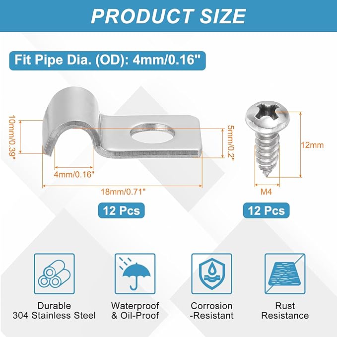 uxcell 12Pcs 4mm(3/16") One Hole Rigid Pipe Strap, 304 Stainless Steel Conduit Clamp Thicken U Bracket Heavy Duty Pipe Clamp with Self-Tapping Screws for Fixing Tube Cable, Silver