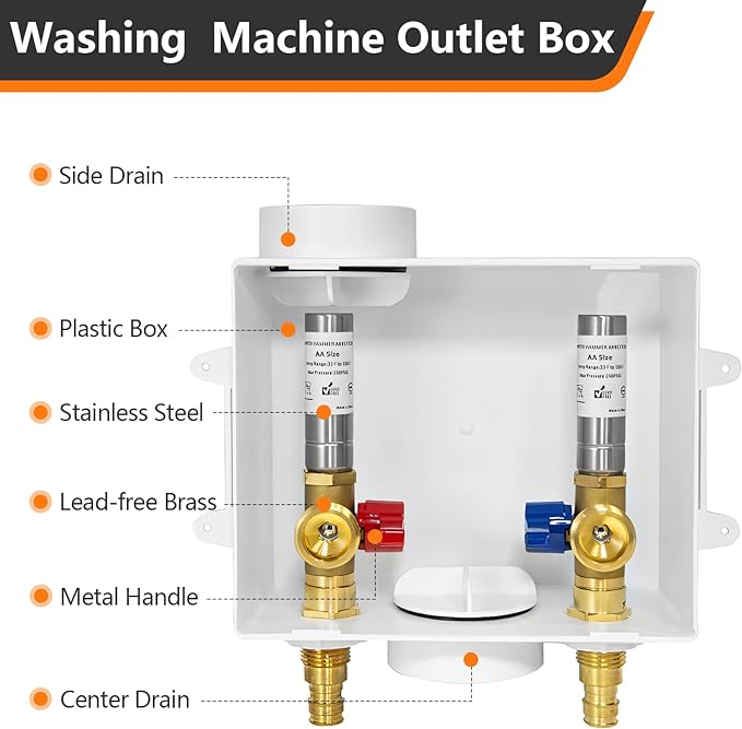 1-Pack HeSun Washing Machine Outlet Box,Pex A Expansion Washer Box with Drain, 1/2 Inch PEX-A Inlet x 3/4 Inch MHT Outlet,with Stainless Steel Arrestor,ASTM F1960,White(WM008)