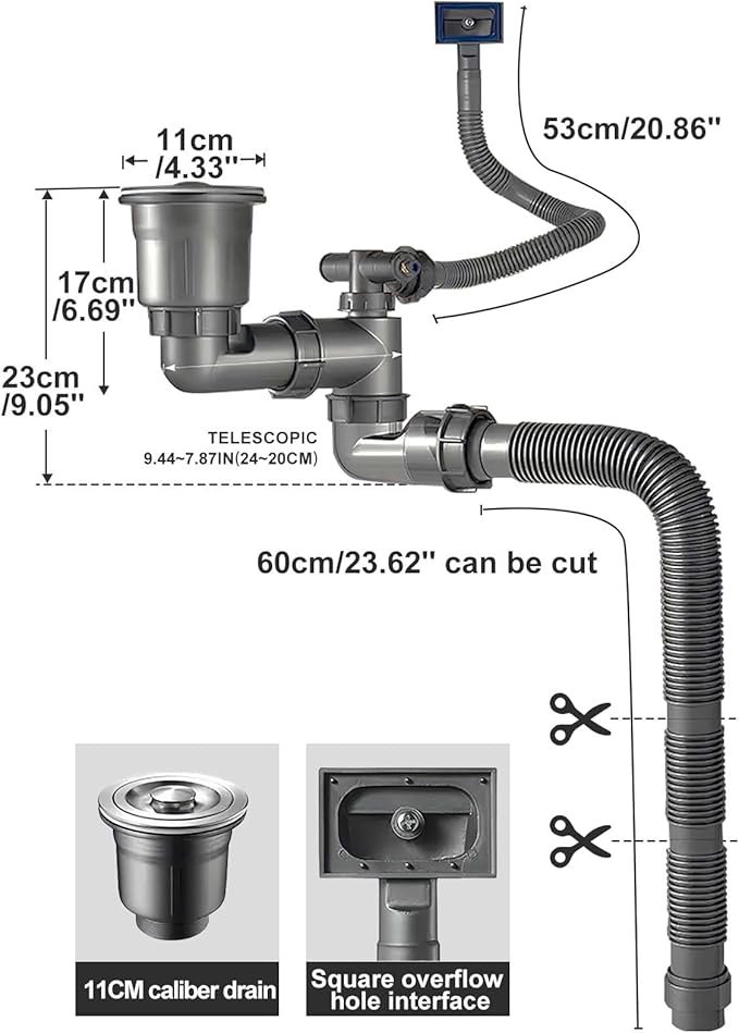 Single Sink Kitchen Sink Drain Kit Space Saving Flexible Drain Pipe Flexible P-Trap Drain Strainer with 3-1/2 Inch Sink Drain Assembly Kit 304 Stainless Steel