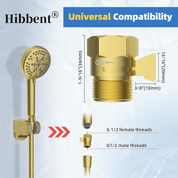 Hibbent All Metal 1 Pack Shower Head Flow Control Valve, G1/2 Brass Shut-off Valve with Metal Handle Lever, Shut OFF Water Flow Control Regulator for Handheld Shower, or Bidet Sprayer, Brushed Gold