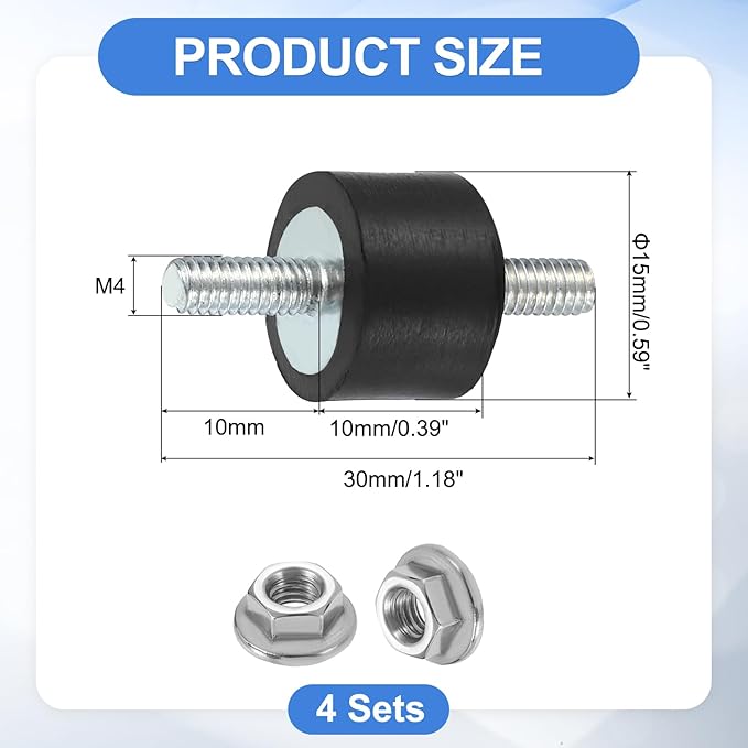 uxcell 4Pcs M4 x 10mm Rubber Mounts, 10 x 15mm Cylindrical Anti Vibration Isolator Studs Shock Absorber Double Studs with Nuts for Car Bobbin Generator Air Compressors