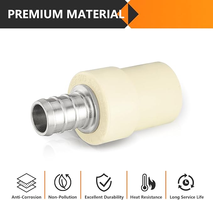 50-Pack HeSun 1/2-Inch CPVC Transition Coupling, 1/2" PEX x 1/2" CPVC Brass Crimp Pex Fittings, ASTM F1807(PEX1807340-50)