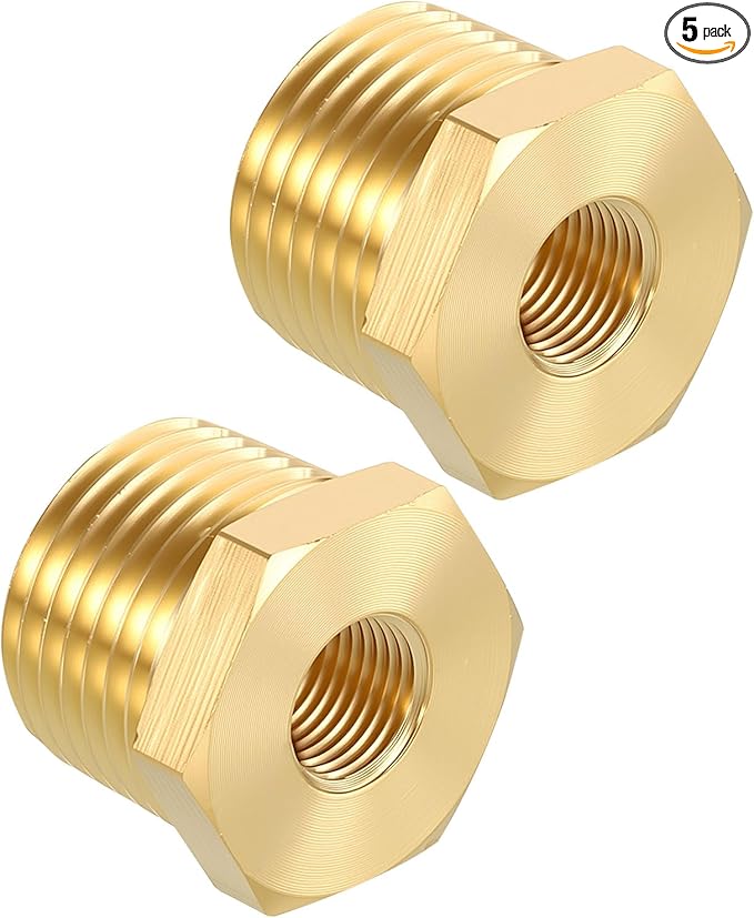 Pack of 5, 1/2" Male NPT to 1/8" FeMale NPT Solid Brass Hex Bushing, Hose Fittings Adapter Reducer Fit for Pipe Leak Repair, Bathroom Remodeling, Tool Extensions, Compression