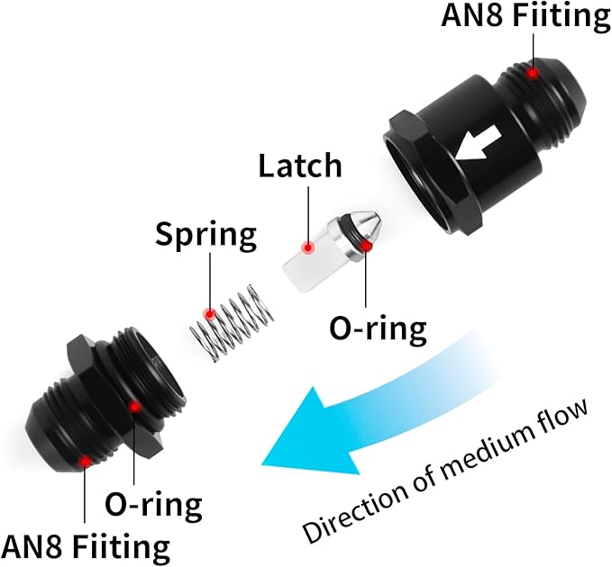 AN8 One Way Non Return Check Valve 8AN to AN8 Male Flare Inline Fitting Aluminum Black 2PCS