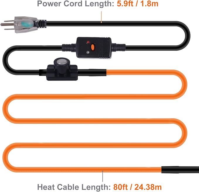 80FT Heat Tape for Water Pipes Freeze Protection IP65 Waterproof 7W/FT 110V BDDFOTO Heat Cable With GFCI Protection and Thermostat,Self-Regulating Pipe Heater for Roof/RV/Water Storage Tank