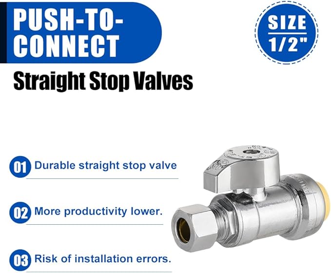 Pro 4-Pack EFIELD Push Fit 1/4 Turn Straight Stop Valve, 1/2 Push x 3/8 Inch Compression With A Clip, Chrome Plated LF Brass, Heavy Duty,(PF-VALVE084)