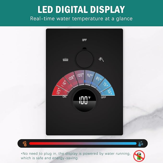 2 Way Shower Mixer Valve Temperature Display with Trim Kit, Digital Shower Diverter Mixing Brass Valve Body for Shower Faucets, Black
