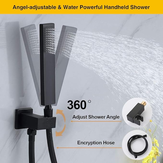Wall Mount Bathtub Faucet with Handheld Shower, Matte Black Single Handle Bathroom Waterfall Tub Filler Solid Brass Tub Shower Faucet Set Rough-in Valve Trim Kit
