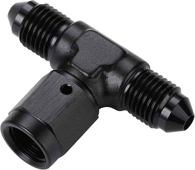 3AN Male Flare Tee T Fitting Adapter with AN3 Female Swivel On Side Aluminum Black