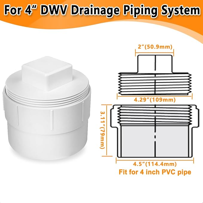 4" PVC Sewer Cleanout Adapter with Plug Pipe Fitting, PVC DWV Flush Sewer Cleanout Cap for Drainage Piping System