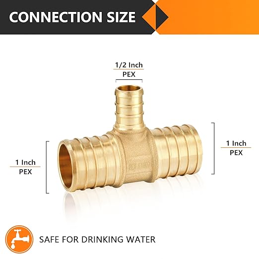 50-Pack HeSun PEX Fittings, 1"x1"x1/2" Pex Tee, Brass Crimp Fitting for ASTM F1807(PEX1807086-50)
