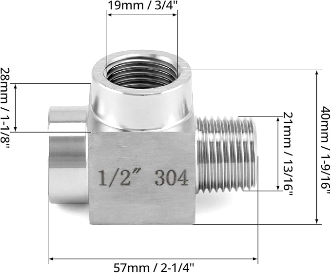 QWORK Stainless Steel Pipe Fitting - 304 Grade, Street Tee, Male Run Tee, 1/2" NPT Male x 1/2" NPT Female x 1/2" NPT Female