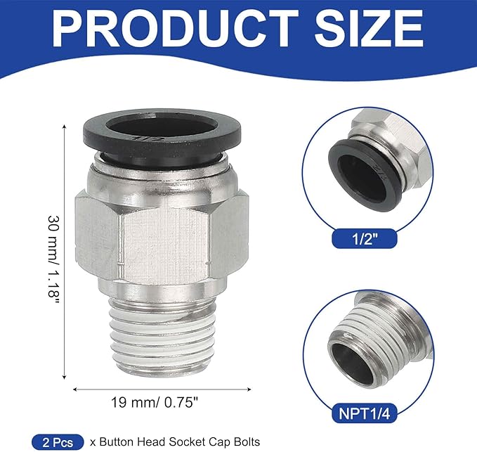 MECCANIXITY 2 Pcs NPT Push to Connect Air Fittings, Male Straight 1/2" Tube OD x 1/4" NPT Thread Air Quick Connector Coupling Adapter for Gas Hose Pneumatic Tools Black