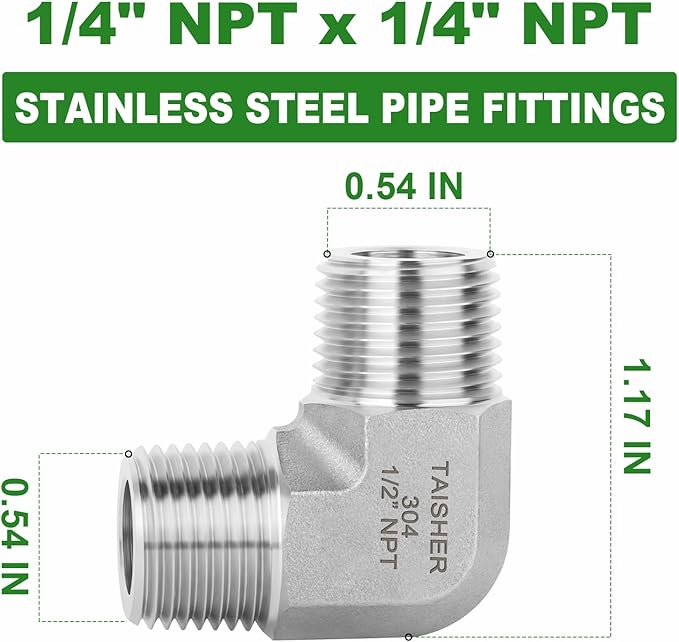 TAISHER 2PCS 304 Stainless Steel 90 Degree Barstock Street Elbow, 1/4" NPT Male Pipe to 1/4" NPT Male 304 Stainless Pipe Fitting