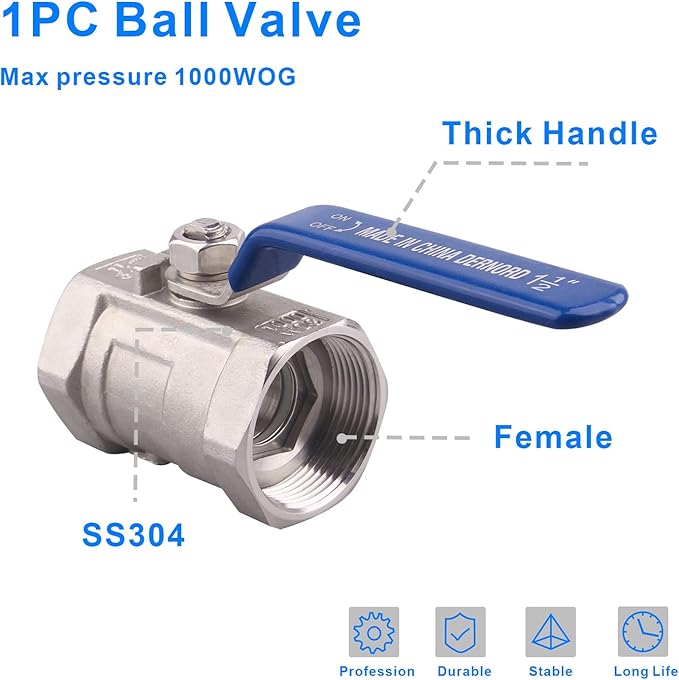 DERNORD Stainless Steel Ball Valve 1PC Type 1.5 Inch NPT Standard Port for Water, Oil, and Gas (Pack of 2)