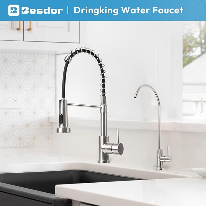 Besdor Drinking Water Faucet, Filtered Water RO Reverse Osmosis Faucet for Kitchen Sink, Non-Air Gap Lead-Free, 304 Stainless Steel, Brushed Nickel, WF2