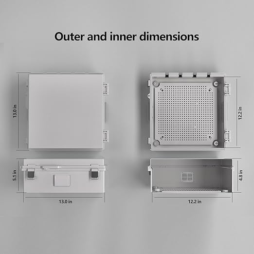 Electrical Junction Box, Ventilated Design, Cable Grommets, Indoor/Outdoor Use with Mounting Panel & Hinged Cover. Waterproof IP 65. (Grey Cover, 13"x13"x5.1")