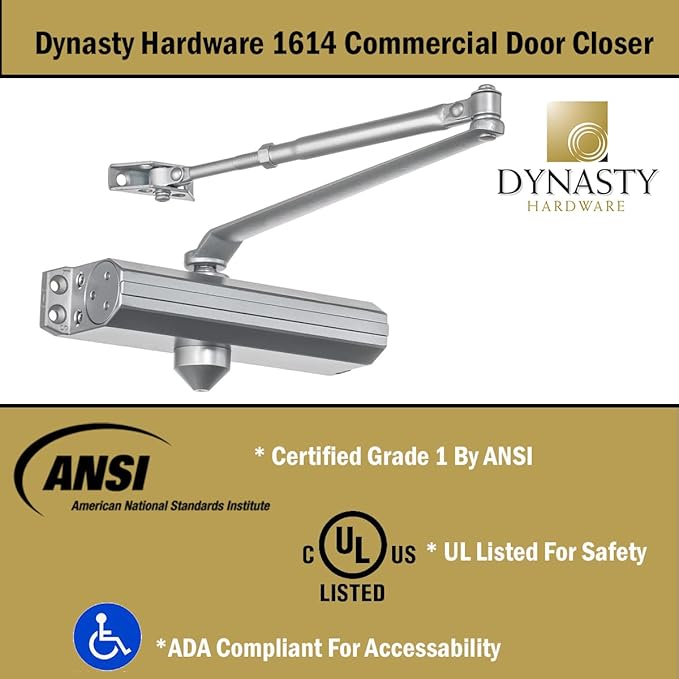 Dynasty Hardware Door Closer, Grade 1 Heavy Duty Commercial Hydraulic Closer, Self-Closing, Adjustable Spring Size 1-4, ADA Compliant, Surface Mount, Sprayed Aluminum, Series 1614