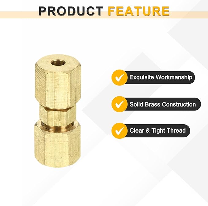 uxcell 10Pcs Brass Compression Tube Fitting, 1/8" Tube OD x 1/8" Tube OD Connector Straight Coupling Adapter Union Fittings