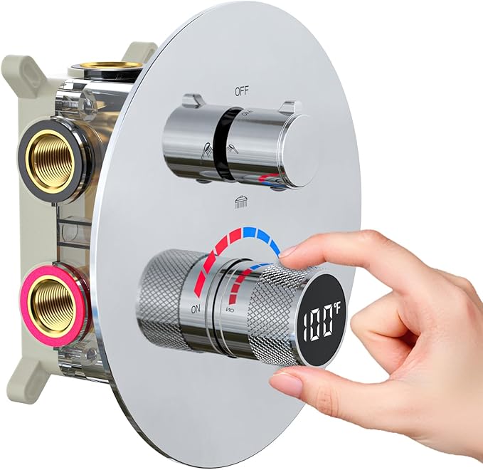 Temperature Display Shower Valve 3 Way Brass Rough-in Mixer and Round Trim Kit, Triple Function Digital Shower Diverter, Chrome