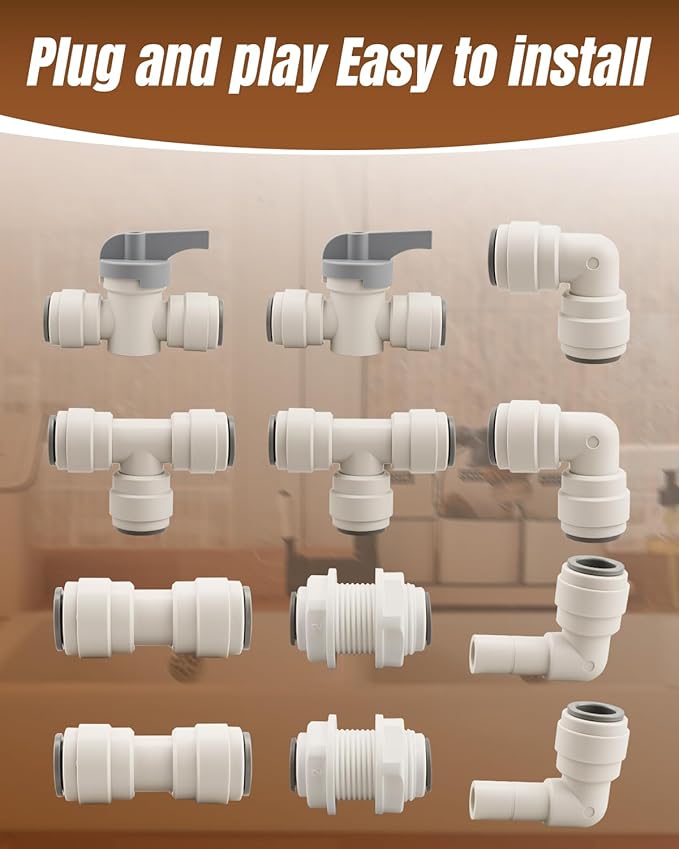 1/2" Tube OD Tube Fittings Kit Fit for RO Water Filter System, Quick Connect Push (Valve + Tee + Elbow + Straight + Bulkhead + Elbow stem), 12 Pack