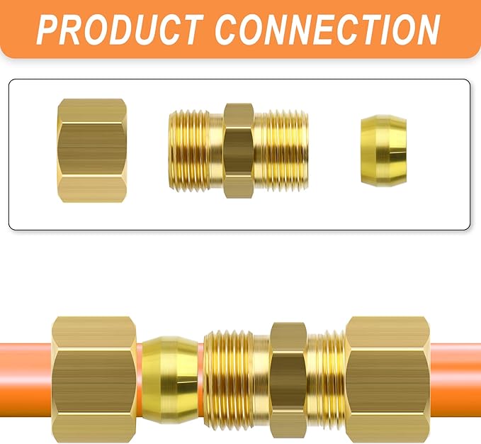 GASHER 10PCS Brass Compression Tube Pipe Fitting Connector, 3/16" Tube OD x 3/16" Tube OD Connector