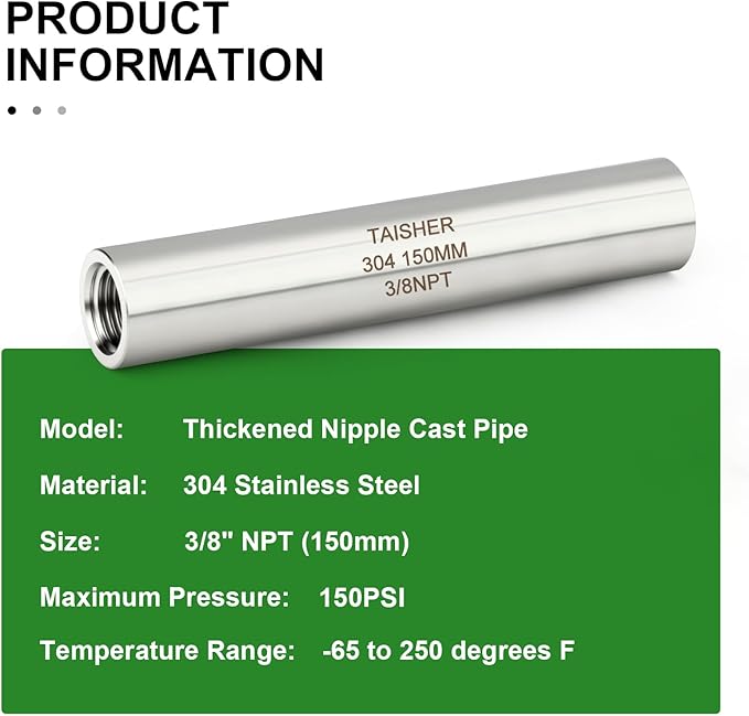 TAISHER 2PCS Stainless Steel Pipe Fittings, 3/8" NPT Female x 3/8" NPT Female Threaded, 6" Length Thickened Nipple Cast Pipe